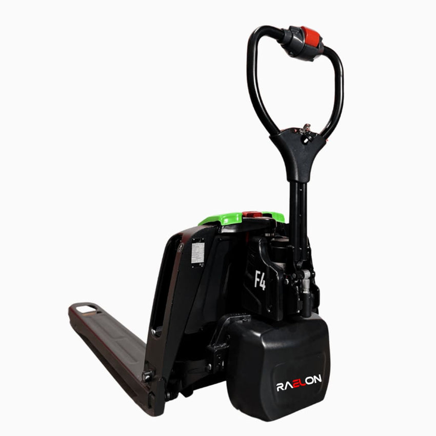 Raelon F4 3,300 lb electric pallet jack three-quarter view showing F4 model badge and Raelon logo — real product photo