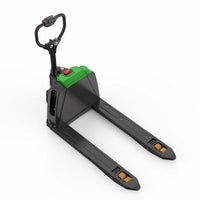 Raelon F4 electric pallet jack from above and to one side, showing the top of the battery covers