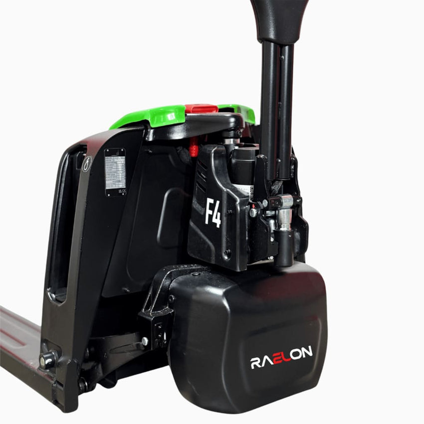 Raelon F4 electric pallet jack drive unit close-up showing F4 model badge, green battery cover, and Raelon logo — real product photo