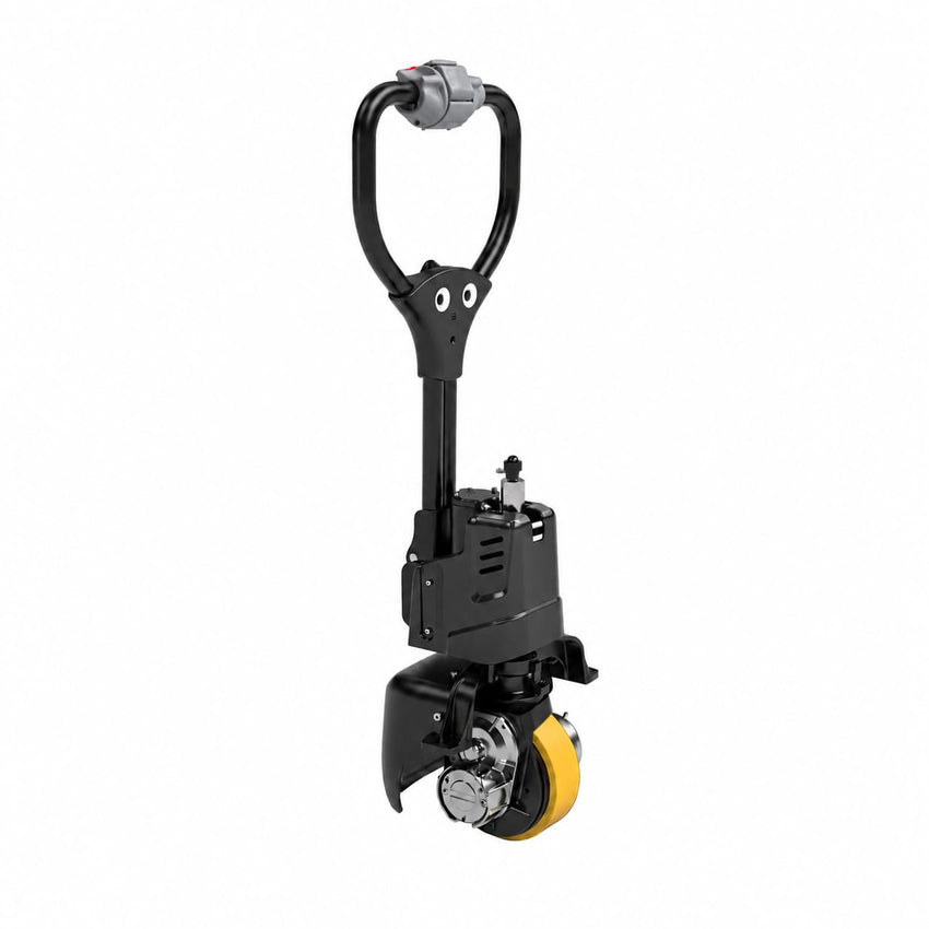 Raelon F4 electric pallet jack drive wheel and motor assembly — yellow polyurethane non-marking wheel and electromagnetic brake visible