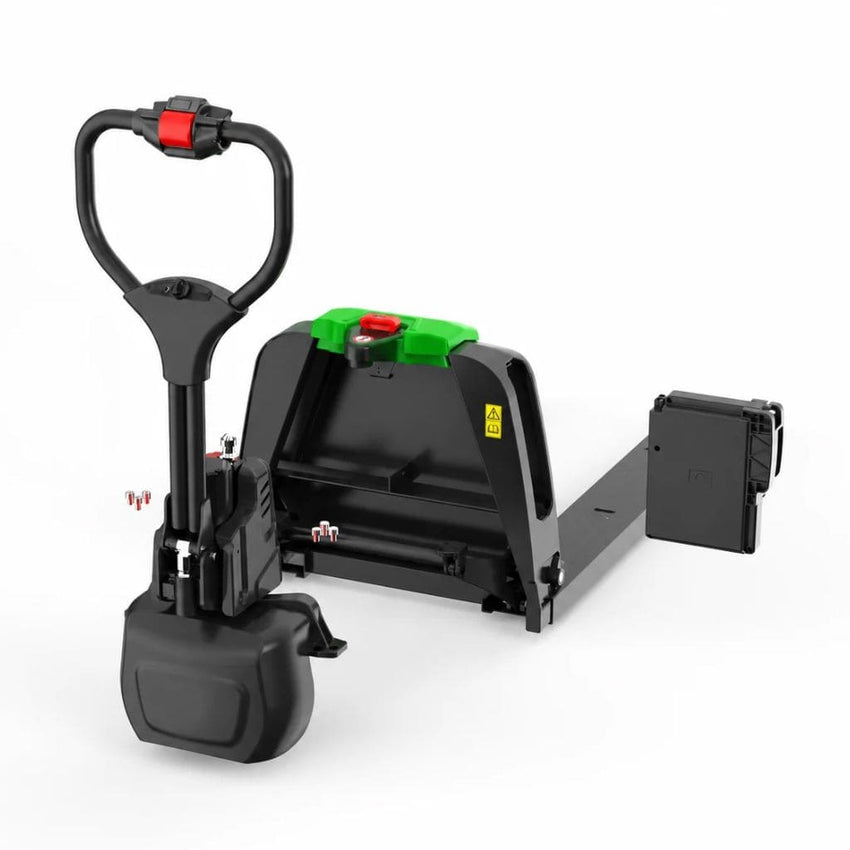 Raelon F4 electric pallet jack with the battery compartment open, showing two bays for 24V 20Ah lithium battery packs