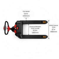 Raelon F4 electric pallet jack top-down fork view — 5.9 in (150mm) fork width, 15.2 in (385mm) inside spacing, 27 in (685mm) overall fork width