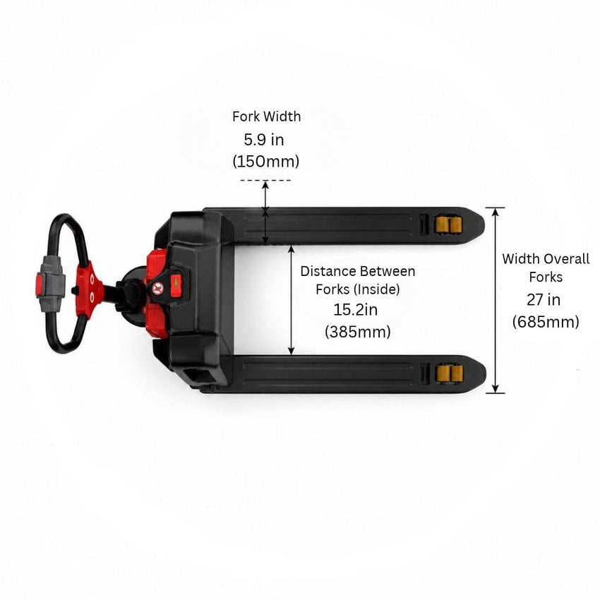 Raelon F4 electric pallet jack top-down fork view — 5.9 in (150mm) fork width, 15.2 in (385mm) inside spacing, 27 in (685mm) overall fork width