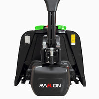 Raelon F4 electric pallet jack base close-up showing the drive unit, the green battery cover and the hydraulic pump