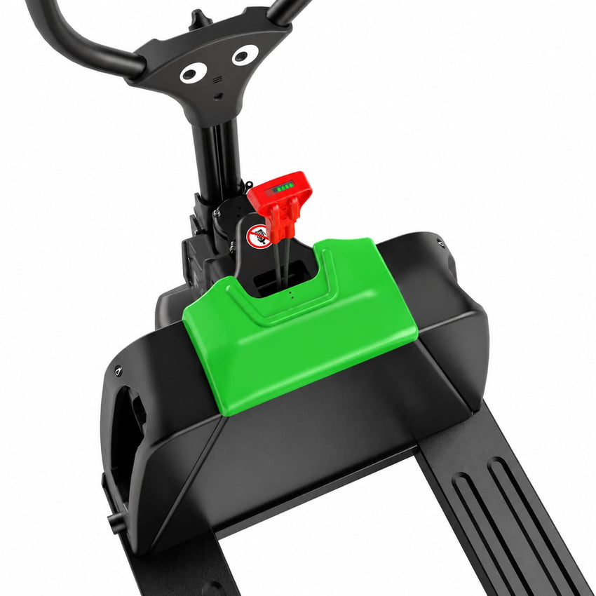 Raelon F4 electric pallet jack removable 24V 20Ah lithium battery slot close-up with battery level indicator and key switch