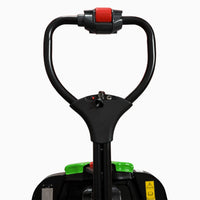 Real photo of the Raelon F4 tiller handle from the front, with the D-handle, red reverse safety lever and the green battery cover behind it