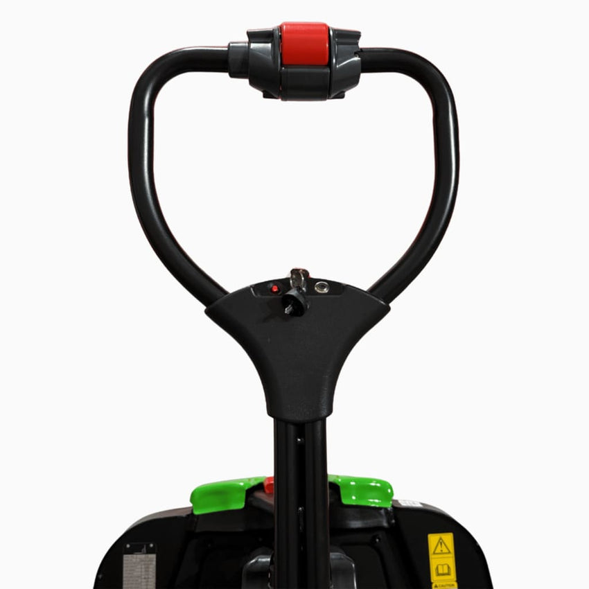 Real photo of the Raelon F4 tiller handle from the front, with the D-handle, red reverse safety lever and the green battery cover behind it