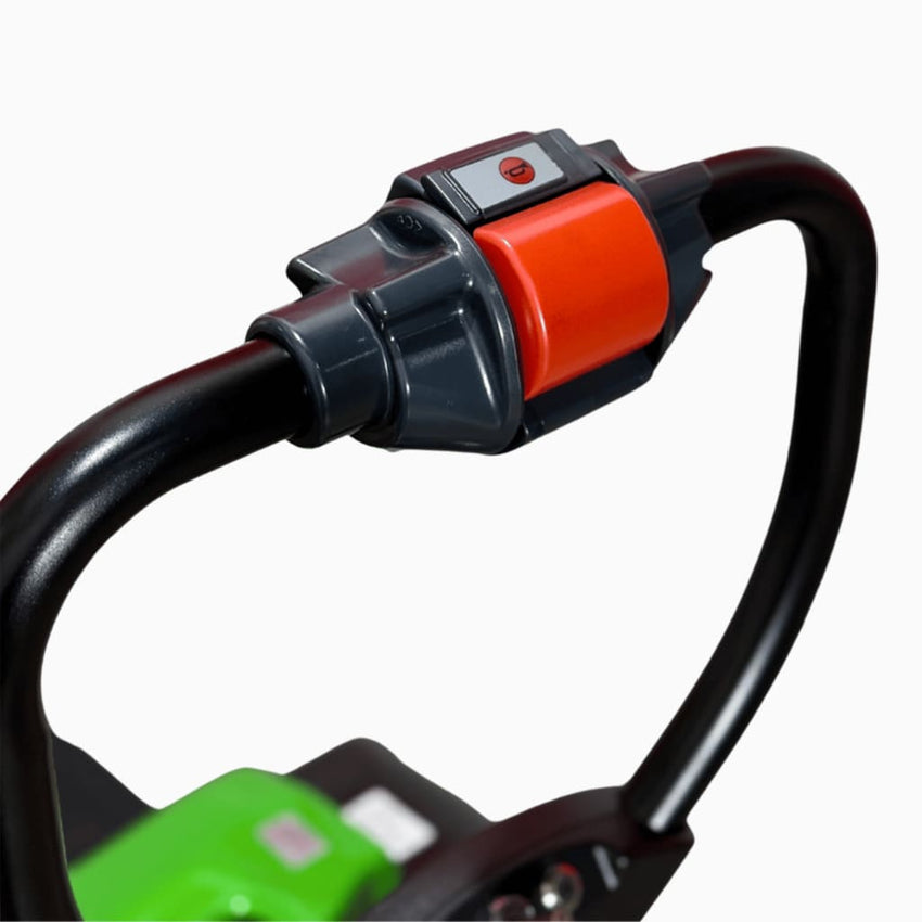 Raelon F4 electric pallet jack tiller head close-up showing large red reverse safety lever and grey throttle knob — real product photo