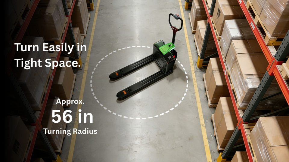 Raelon F4 turning in a narrow warehouse aisle, about 56 in turning radius