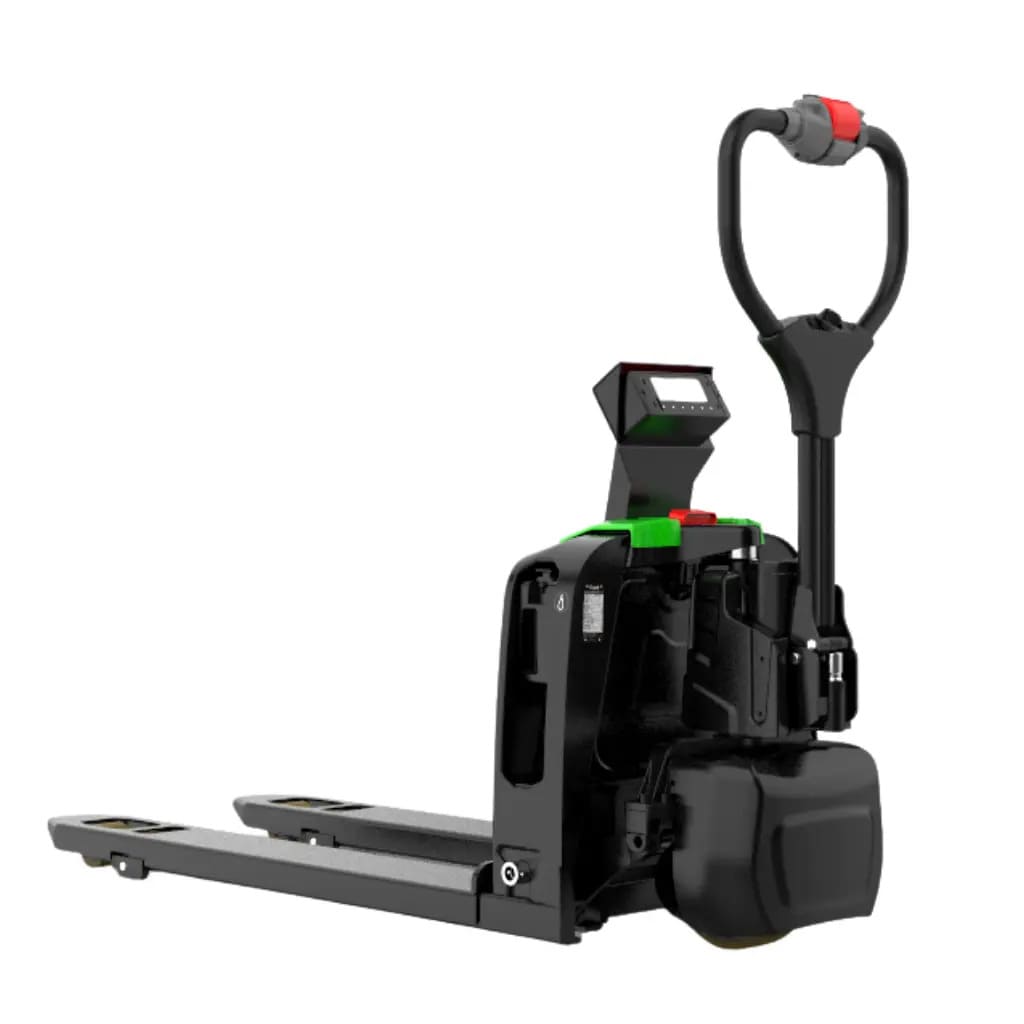 F4 pallet jack with scale from the opposite three-quarter angle, showing the scale display, green top trim and loop handle