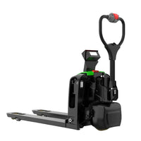 F4 pallet jack with scale from the opposite three-quarter angle, showing the scale display, green top trim and loop handle