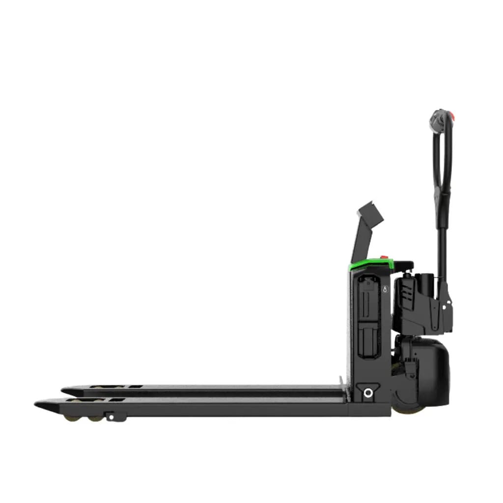 Side view of the F4 pallet jack with scale showing the raised scale display, loop handle, battery housing and forks