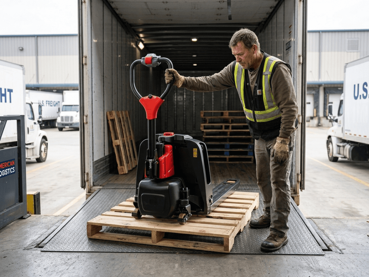 Raelon electric pallet jack being unloaded for warehouse freight delivery in the United States and Canada
