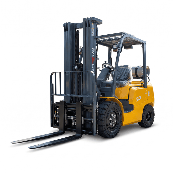 Raelon FG30 6600lbs LPG forklift front left view with side shifter and fork positioner