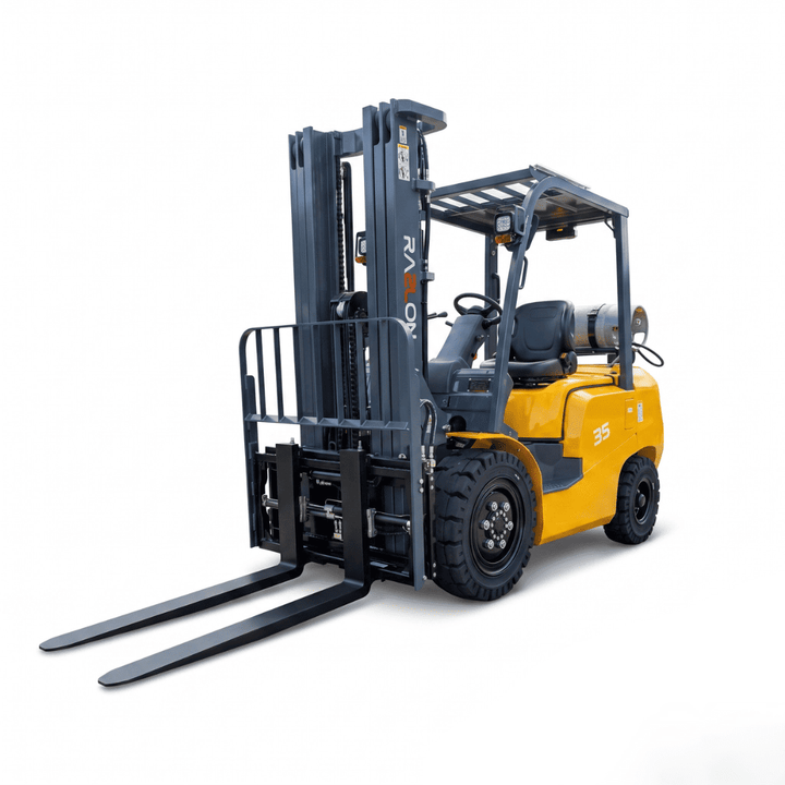 Raelon FG35 7700lbs LPG forklift front left view with side shifter and fork positioner