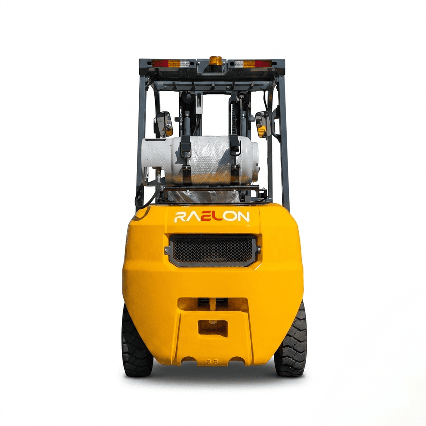 Raelon FG35 LPG forklift rear view showing counterweight, mast, and dual front tires