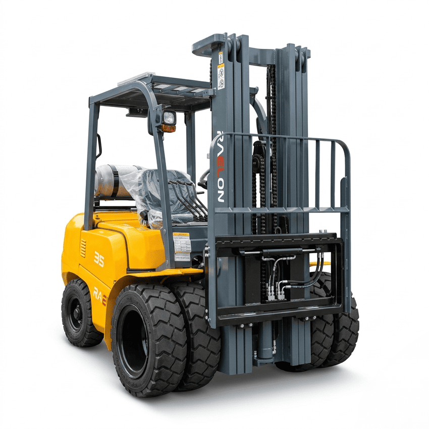 Raelon FG35 LPG forklift side profile with 48 inch forks and pneumatic tires
