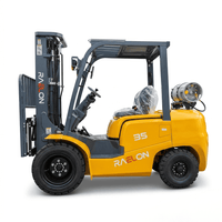 Raelon FG35 LPG forklift side angle view showing triplex mast and dual front tires
