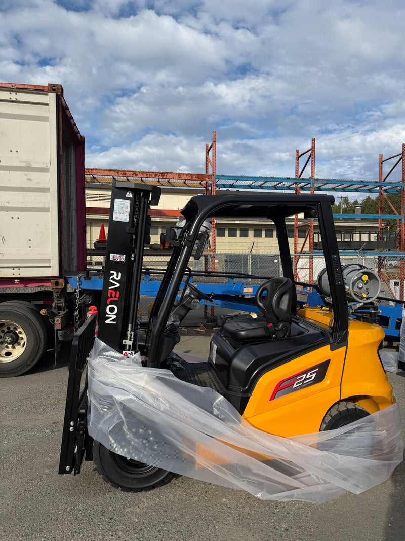 Raelon FL25T 5,500 lbs LPG forklift unloaded from a shipping container at the yard
