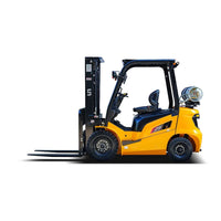 Raelon FL25T LPG forklift side profile with forks facing left