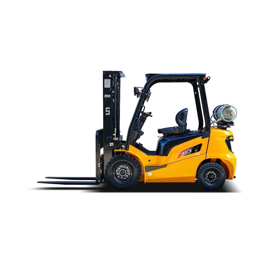 Raelon FL30T 6600 lbs LPG forklift side profile with forks facing left