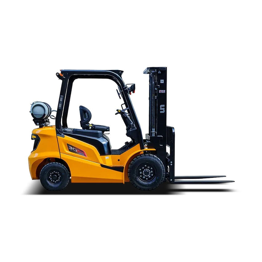 Raelon FL30T 6600 lbs LPG forklift side profile with forks facing right