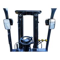 Raelon FL35T LPG forklift operator station showing steering wheel, hydraulic levers, mirrors and mast