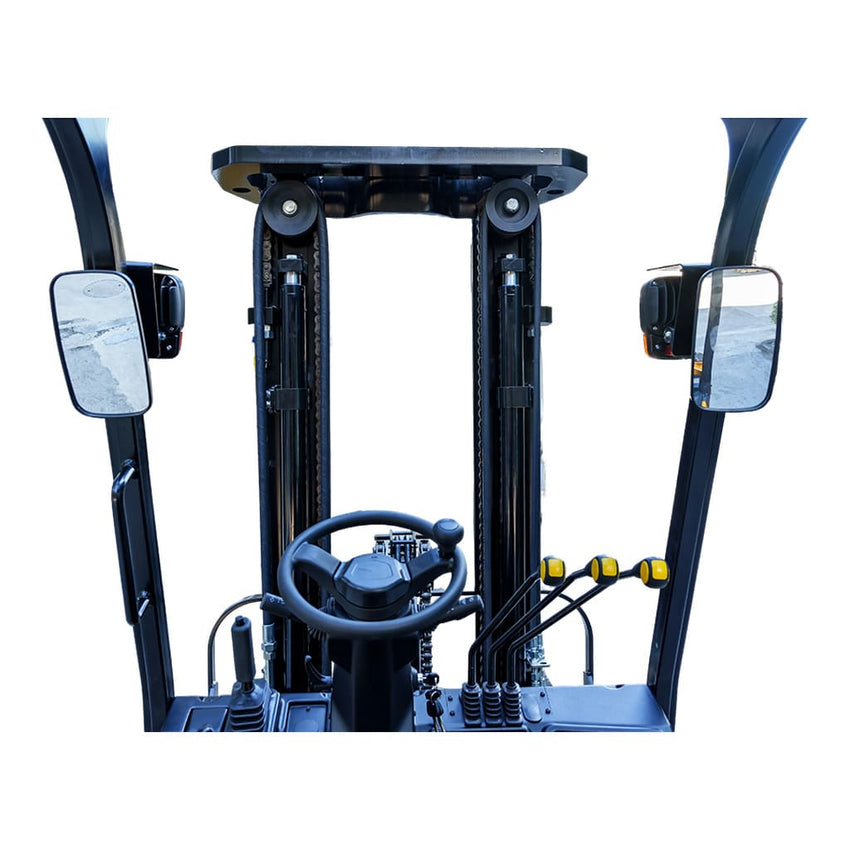 Raelon FL35T LPG forklift operator station showing steering wheel, hydraulic levers, mirrors and mast