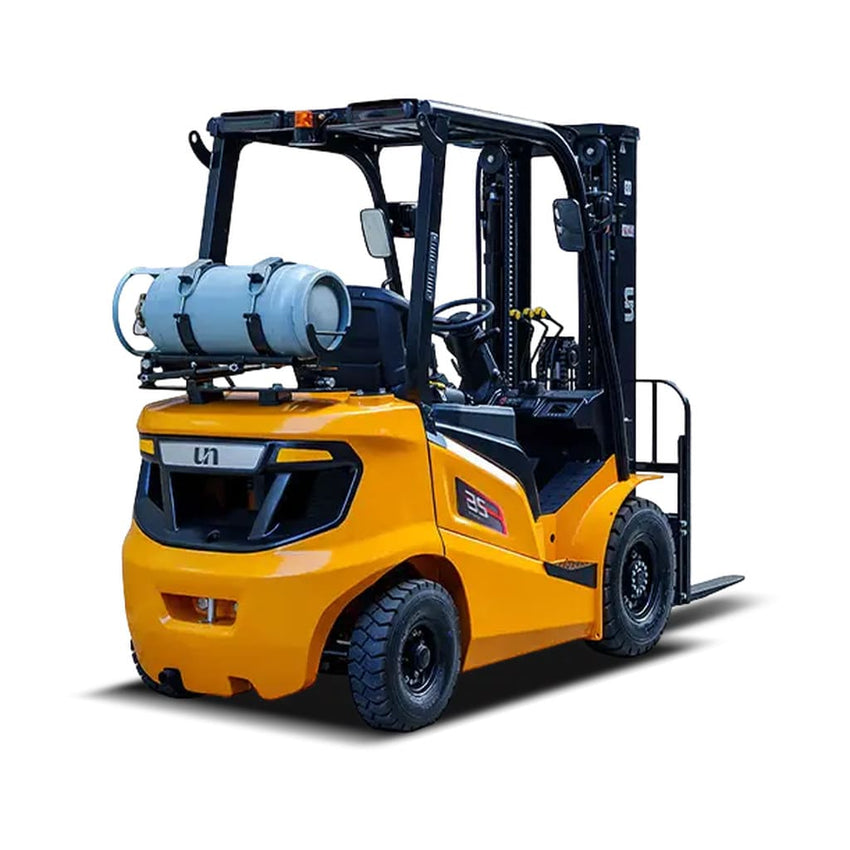 Raelon FL35T 7700 lbs LPG forklift from the rear three-quarter angle with propane tank