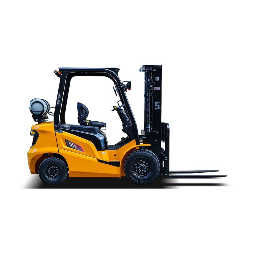Raelon FL35T 7700 lbs LPG forklift side profile with forks facing right on a white background