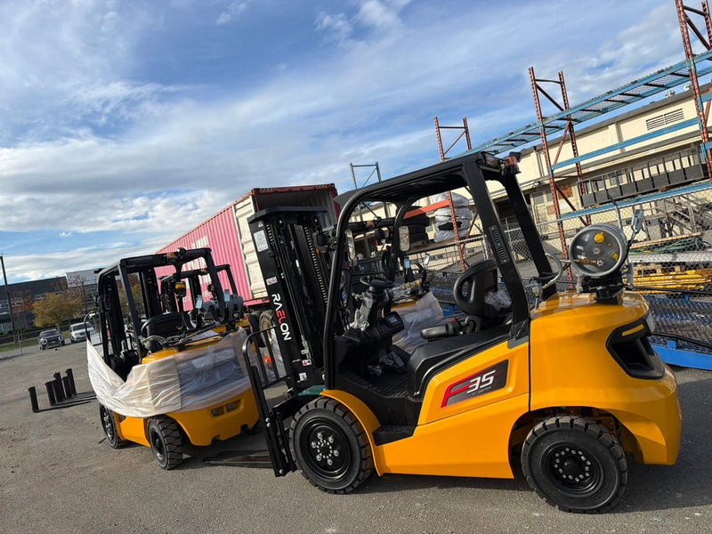Raelon FL35T 7,700 lbs LPG forklift side view beside a shipping container