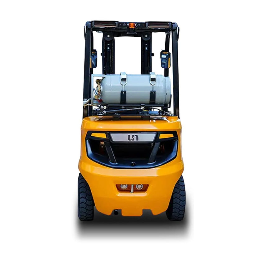 Raelon FL35T 7700 lbs LPG forklift straight rear view showing rear body and propane tank