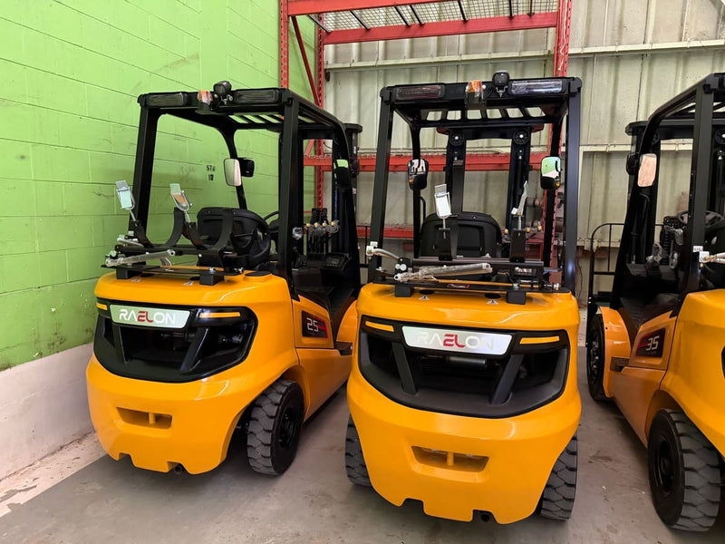 Raelon FL35T 7,700 lbs LPG forklifts stored inside the warehouse – rear view