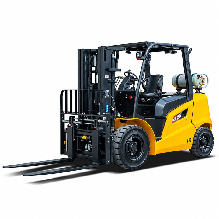 Raelon FL45T 9900 lbs LPG forklift front three-quarter view showing mast, forks and propane tank