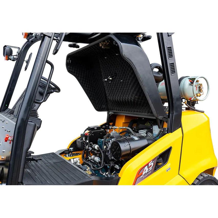 Raelon FL45T 9,900 lbs LPG forklift engine compartment with hood open
