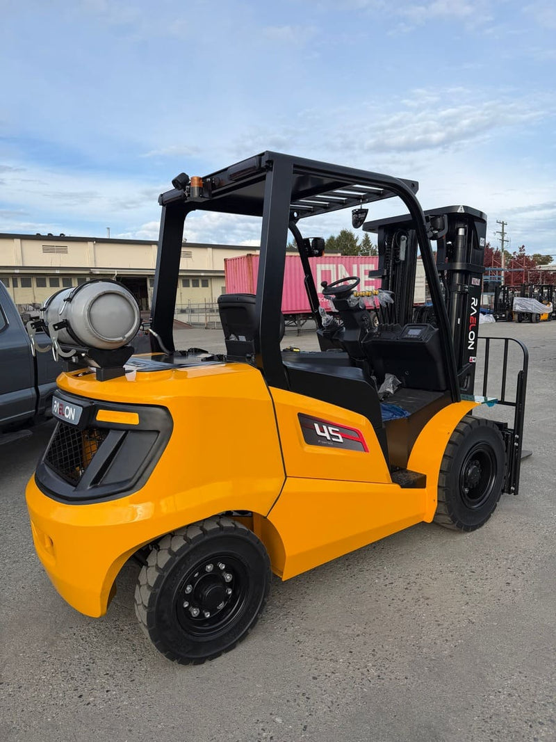Raelon FL45T 9,900 lbs LPG forklift rear three-quarter view in the yard
