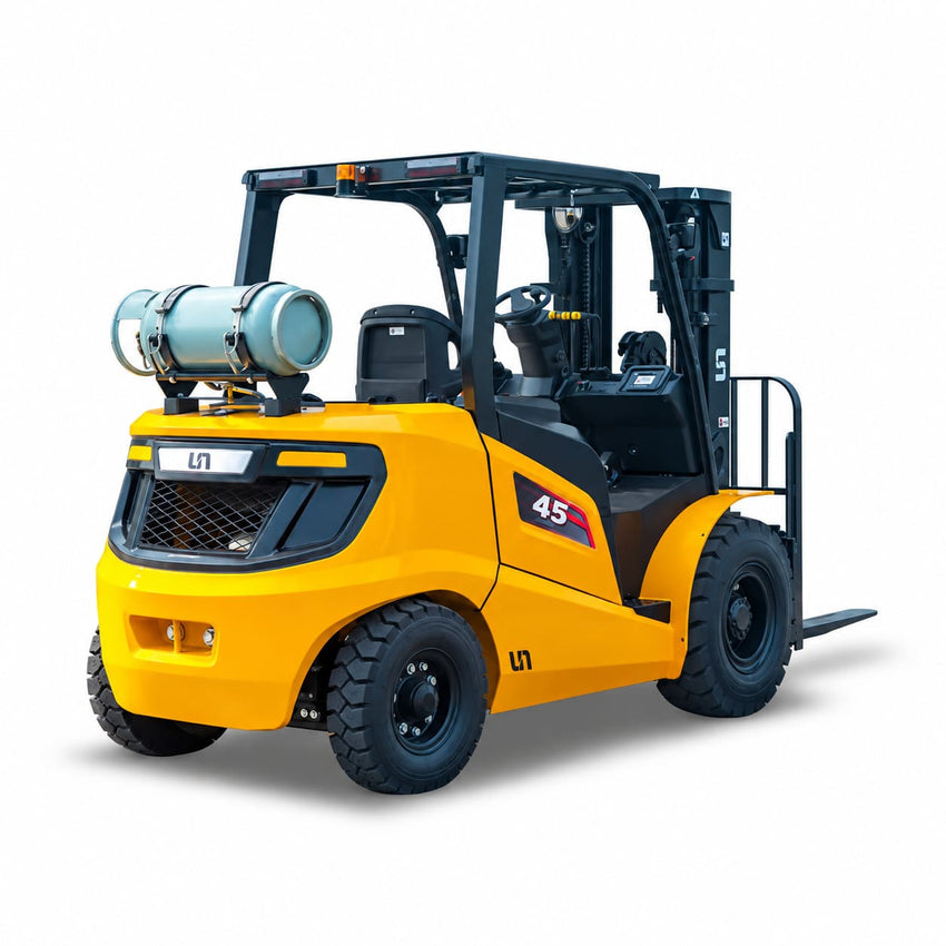 Raelon FL45T 9900 lbs LPG forklift rear three-quarter view with propane tank and mast