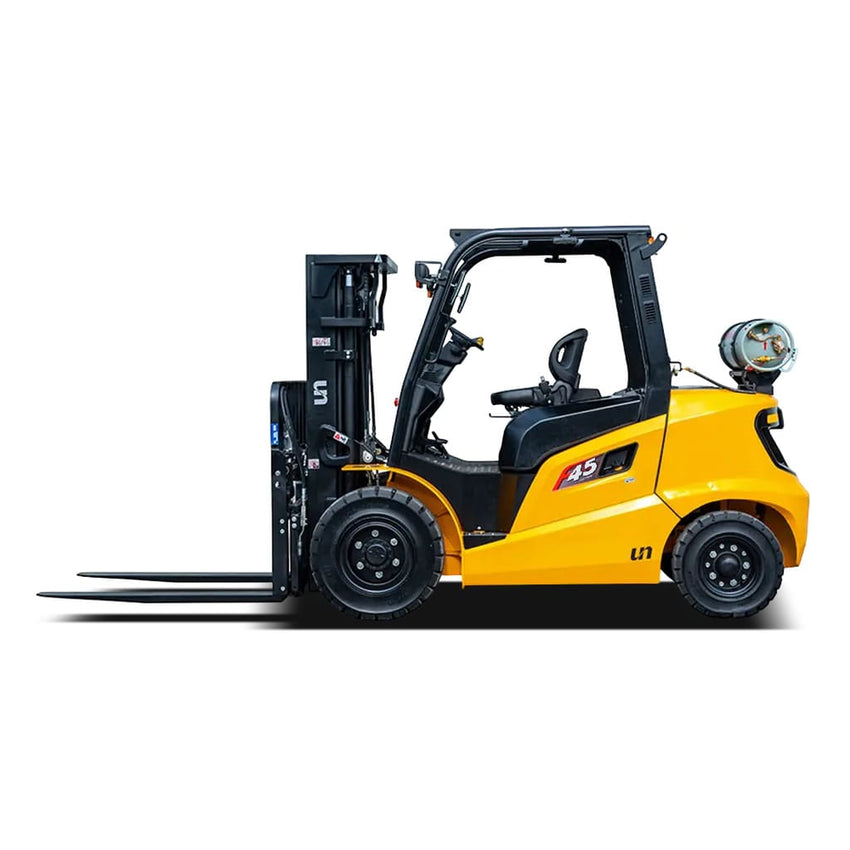 Raelon FL45T 9900 lbs LPG forklift side profile with forks facing left
