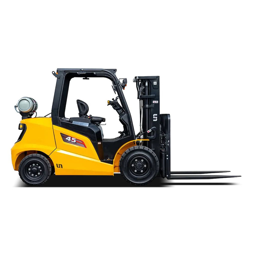 Raelon FL45T 9900 lbs LPG forklift side profile with forks facing right