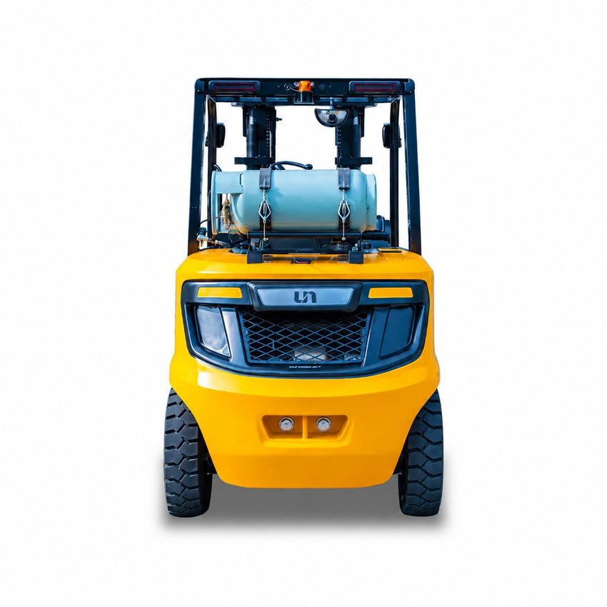Raelon FL45T 9900 lbs LPG forklift straight rear view showing the mounted propane cylinder