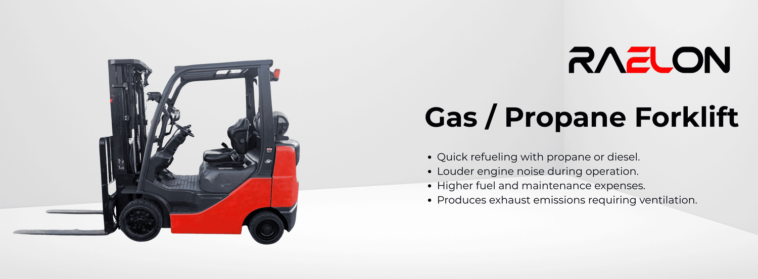 Raelon gas propane forklift comparison view for warehouse operations