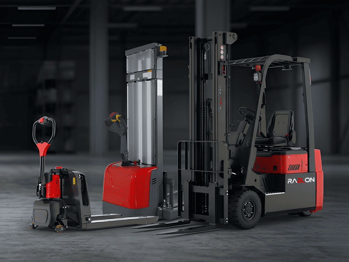 Raelon homepage banner featuring electric pallet jacks, stackers, forklifts, batteries, and warehouse equipment for the U.S. and Canada