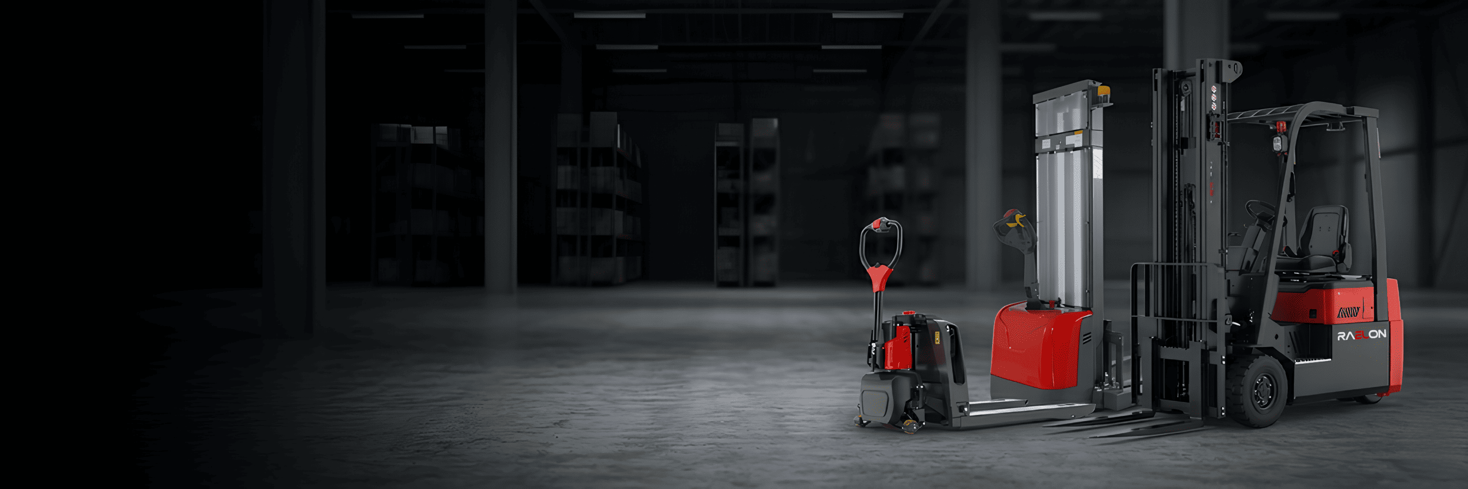 Raelon homepage banner featuring electric pallet jacks, stackers, forklifts, batteries, and warehouse equipment for the U.S. and Canada