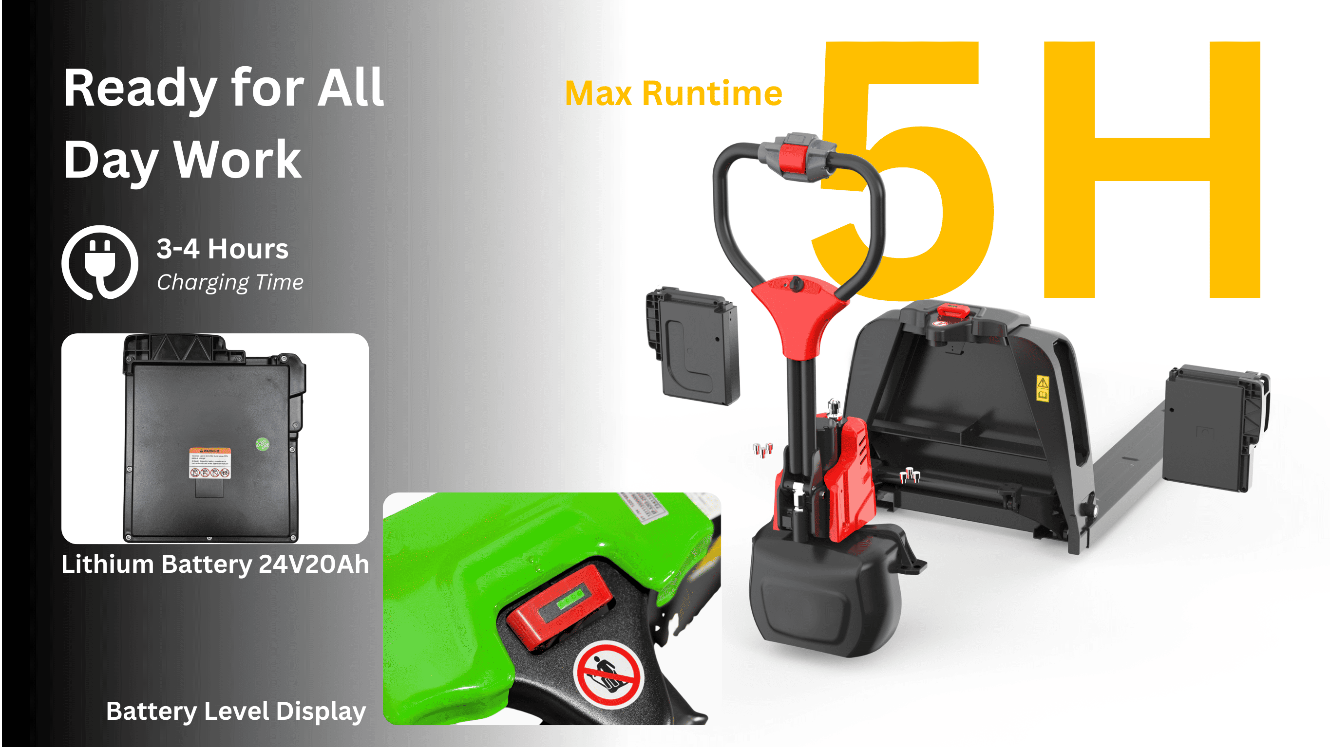 Raelon li ion electric pallet jack F4 battery runtime up to 5 hours with fast charging
