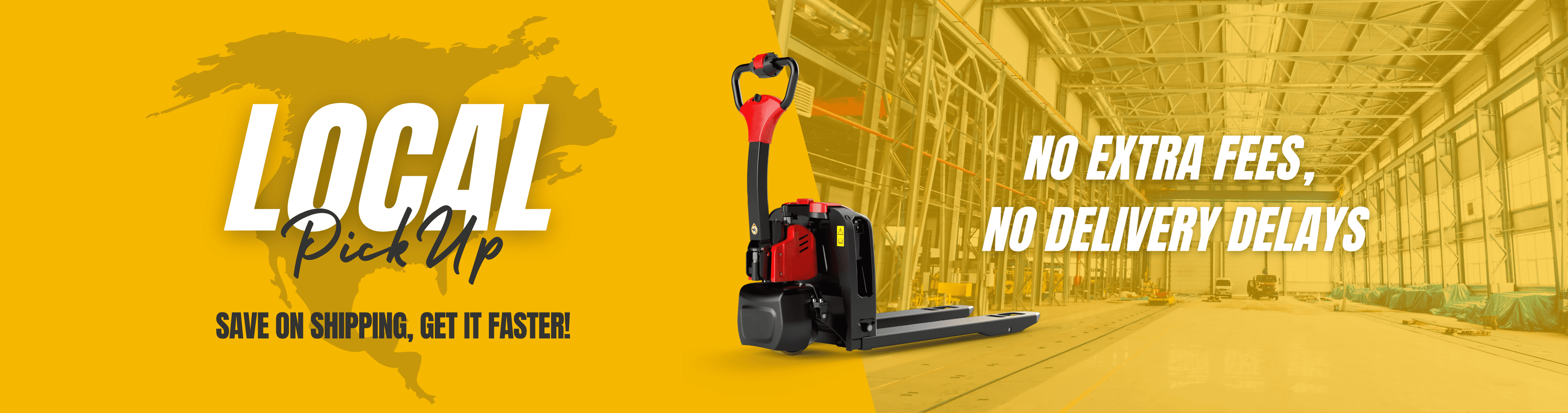 Pallet jack with 'Local Pick Up' and warehouse background on a yellow background