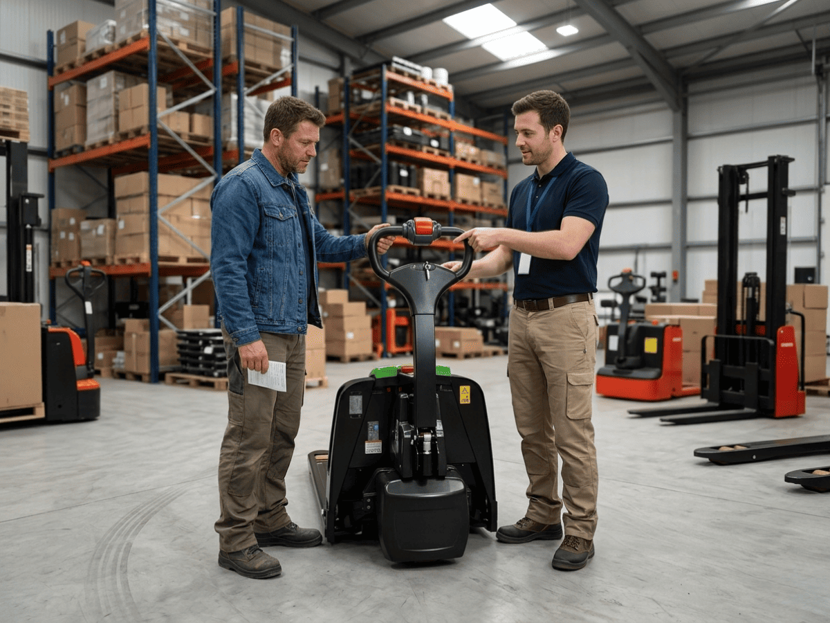Warehouse staff reviewing a Raelon electric pallet jack for local pickup and order handoff