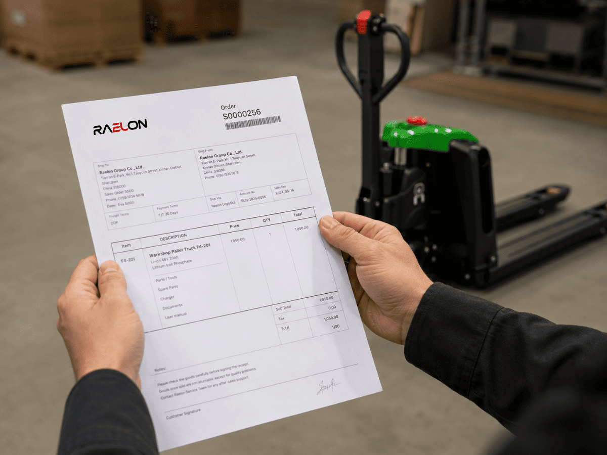 Raelon warehouse team helping load electric pallet jack for local pickup