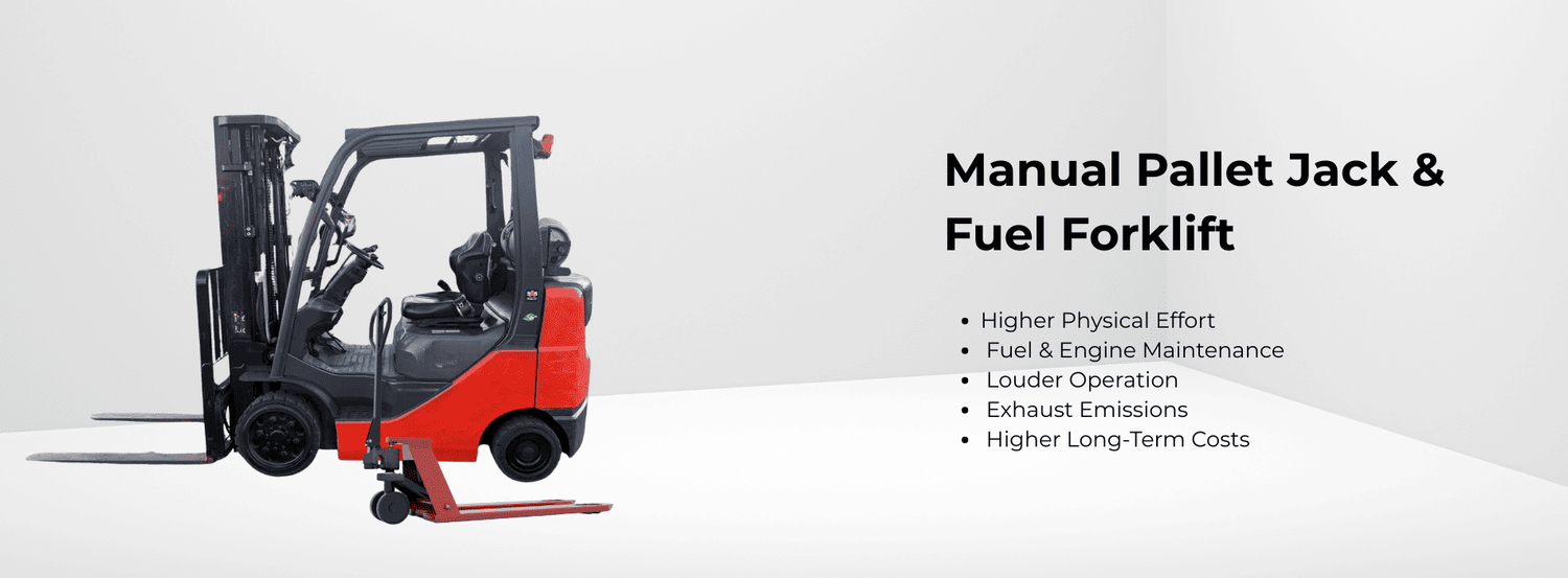 Traditional warehouse equipment with a manual pallet jack and fuel forklift