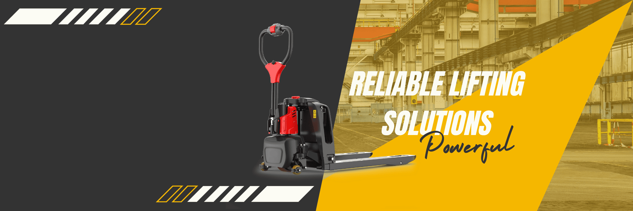 Raelon homepage banner showcasing electric pallet jacks, stackers, and electric warehouse equipment for warehouses across the U.S. and Canada.