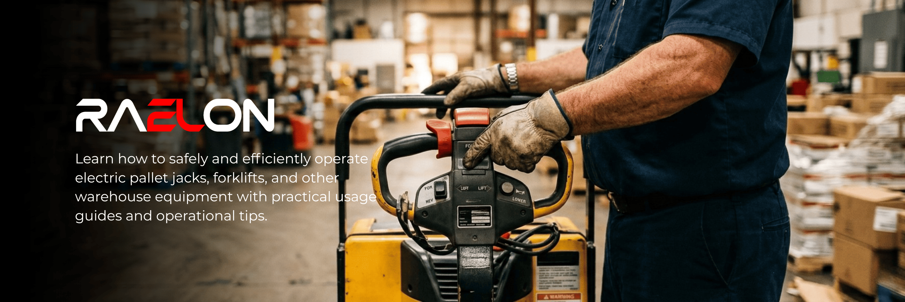 Raelon Operation and Usage blog banner for electric pallet jacks, stackers, forklifts, and warehouse equipment use